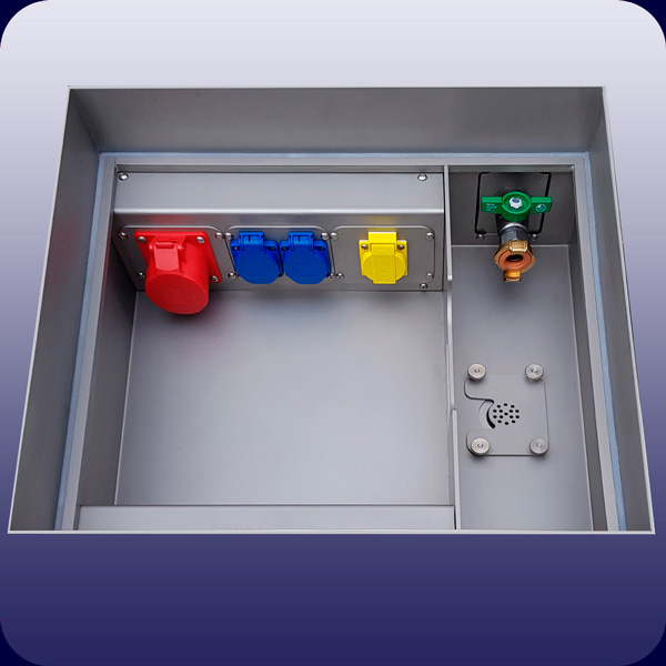 Open floor tank with sockets, data connections, supply water and waste water connection. Link to: https://starconnex.com/en/products/floor-tanks/standard-sizes